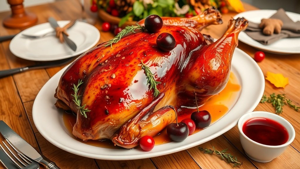 Roasted duck with cherry sauce on a platter, garnished with cherries and thyme, set on a rustic table.