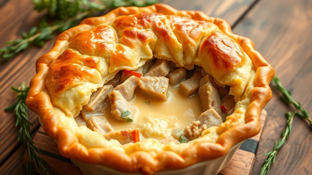 Golden-brown turkey pot pie with flaky crust and creamy filling, served on a rustic table.