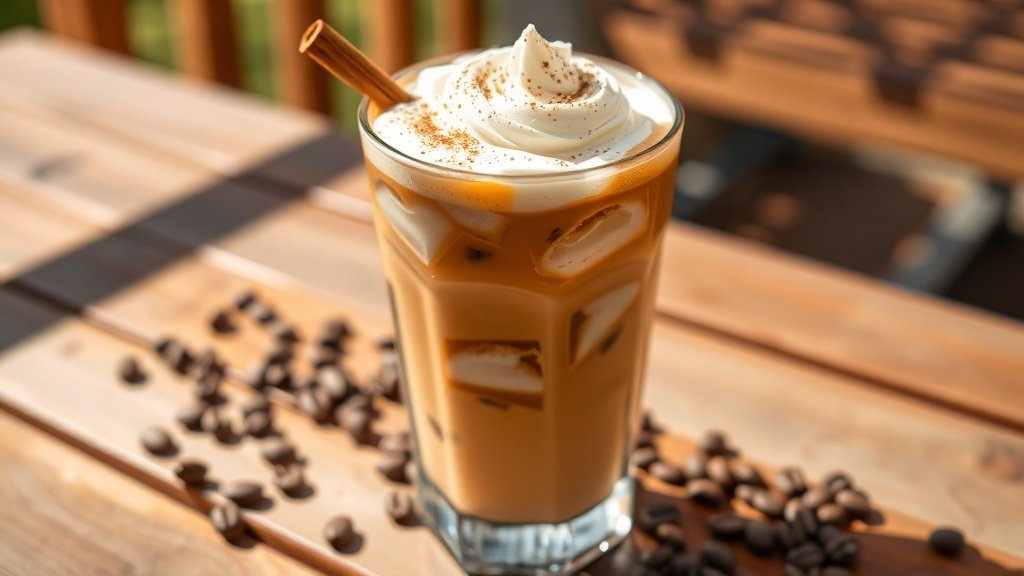 A glass of iced coffee with cardamom, topped with whipped cream and cinnamon, on a wooden table.