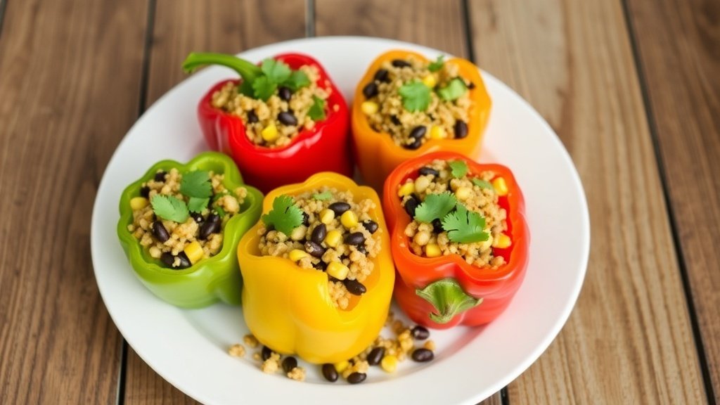 Vegan stuffed bell peppers filled with quinoa, black beans, and corn, garnished with cilantro on a wooden table.