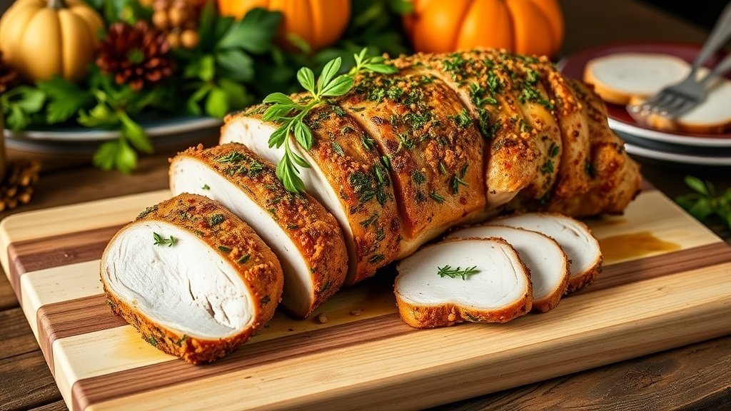 Herb-crusted pork loin on a cutting board, garnished with herbs, sliced to show juicy interior.