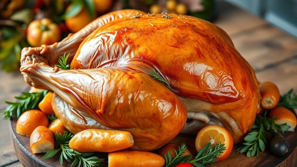 A golden-brown roasted turkey garnished with herbs on a rustic wooden table, ideal for Thanksgiving.