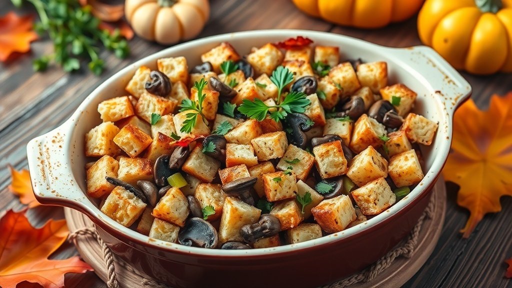 A delicious mushroom leek stuffing in a baking dish, garnished with parsley, surrounded by autumn decorations.