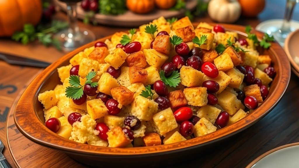 Cornbread and cranberry dressing in a baking dish, garnished with parsley, on a rustic table.
