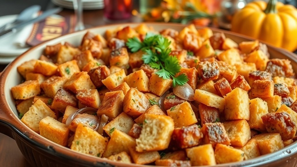 A baking dish of golden brown rustic rye bread stuffing with herbs, served on a Thanksgiving table.