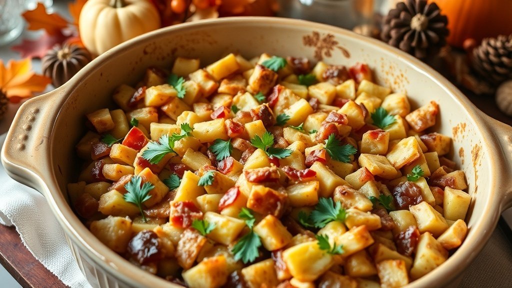 A baking dish filled with golden brown bacon and leek stuffing, garnished with parsley, set on a festive Thanksgiving table.