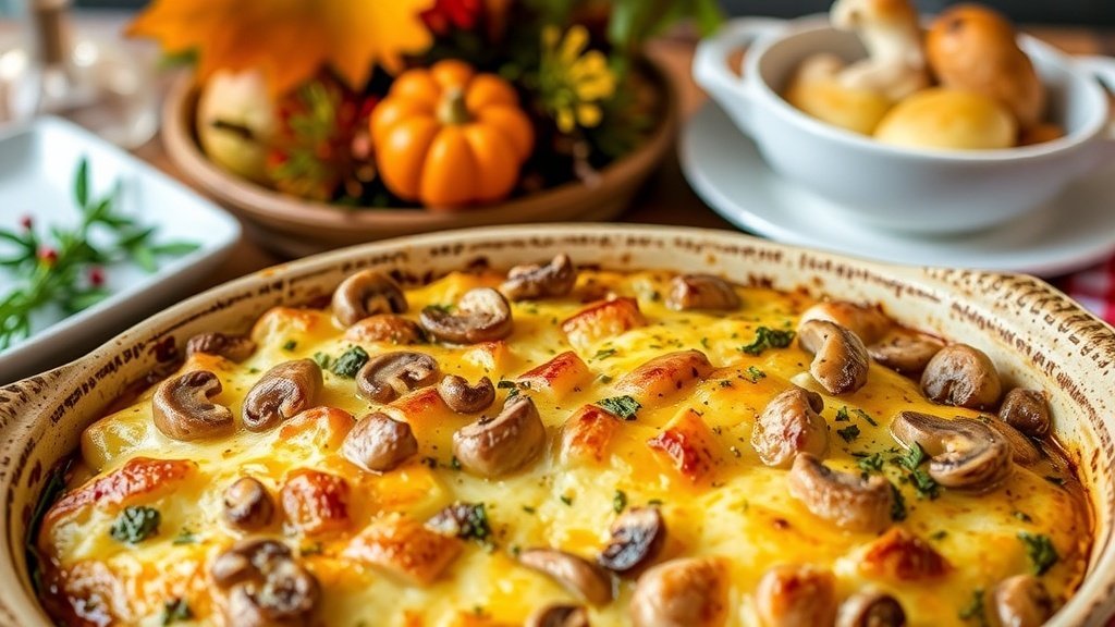 A golden brown wild mushroom and herb dressing in a rustic dish, set on a festive Thanksgiving table.