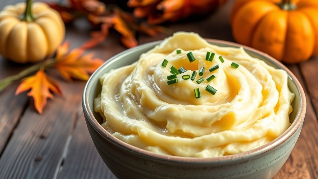 Creamy brown butter mashed potatoes garnished with chives in a rustic setting.
