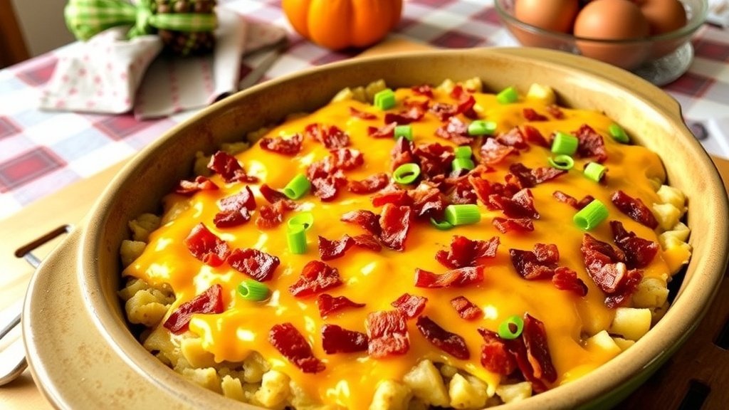 Loaded Baked Potato Casserole topped with cheese and bacon, served in a rustic dish on a wooden table.
