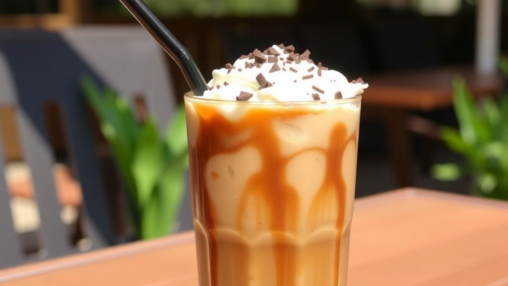 A glass of iced coffee with whipped cream and chocolate shavings, served on a sunny patio.