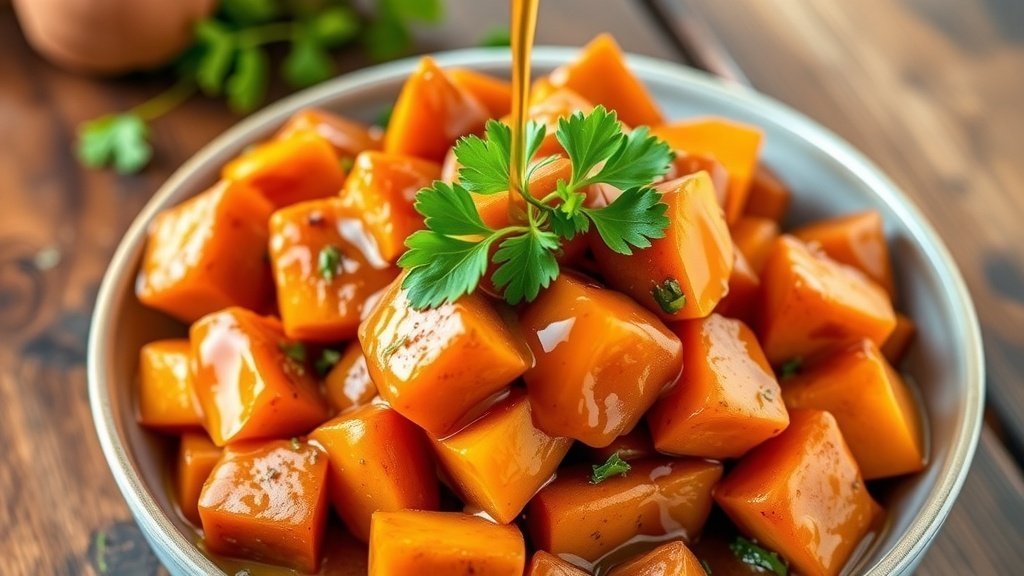 Roasted sweet potatoes with honey drizzle, garnished with parsley on a rustic wooden table.