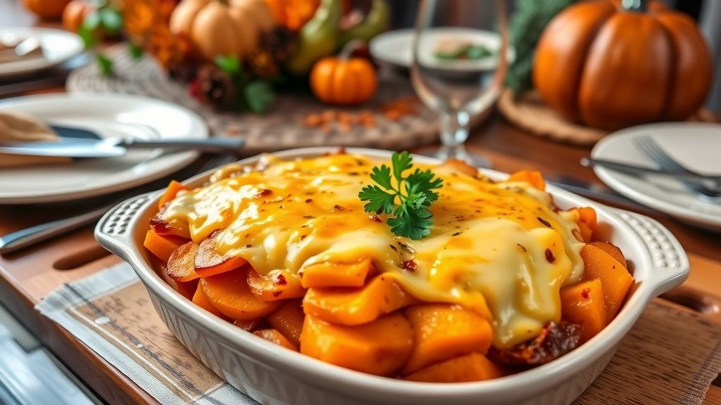 Cheddar Scalloped Sweet Potatoes with layers of sweet potatoes and melted cheese, garnished with parsley.