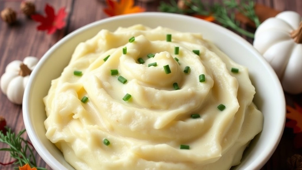 Creamy mashed turnips with garlic and chives in a bowl, garnished with chives, on a rustic table.