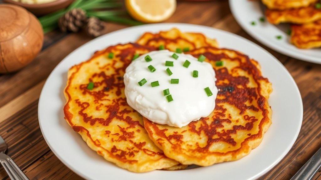 Crispy potato pancakes with sour cream and chives on a rustic table.