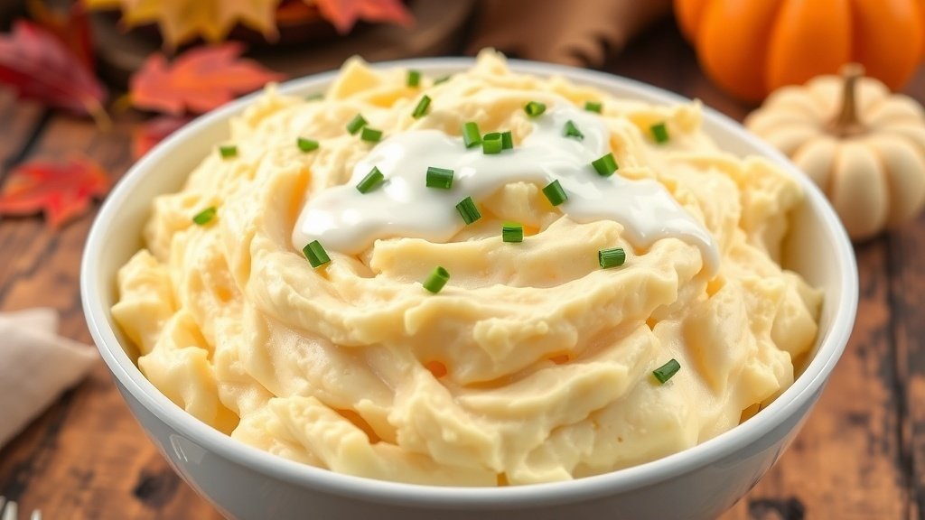 Fluffy whipped Yukon Gold potatoes in a bowl, garnished with chives, on a rustic table with Thanksgiving decor.