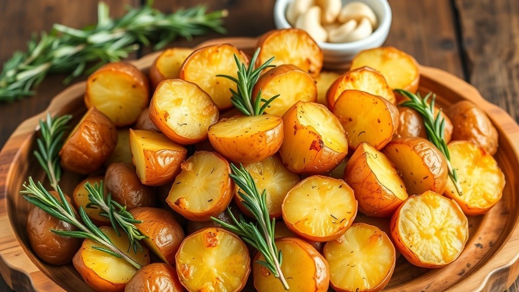 Crispy rosemary roasted red potatoes on a wooden platter, garnished with fresh rosemary.