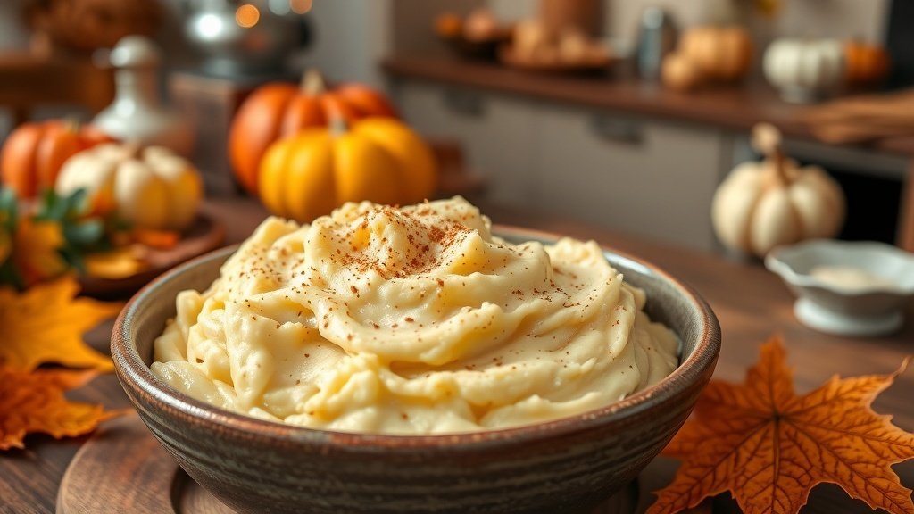 Creamy mashed parsnips with nutmeg in a rustic bowl, surrounded by autumn decor.
