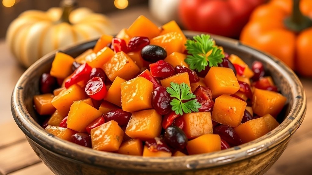 A colorful sweet potato hash with cranberries and bell peppers, garnished with parsley, in a rustic bowl.