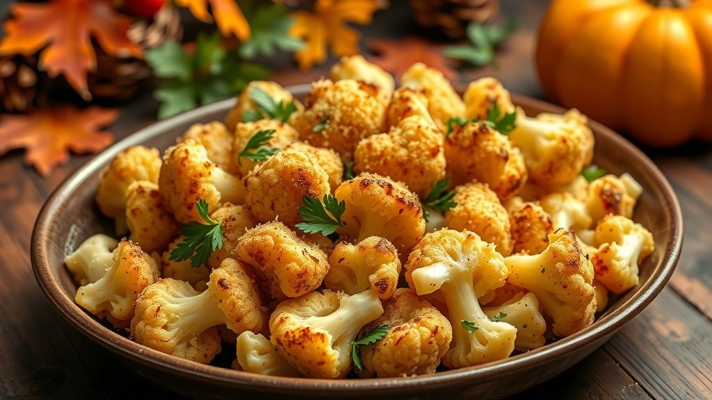 Roasted cauliflower with Parmesan cheese, garnished with parsley, on a rustic table.