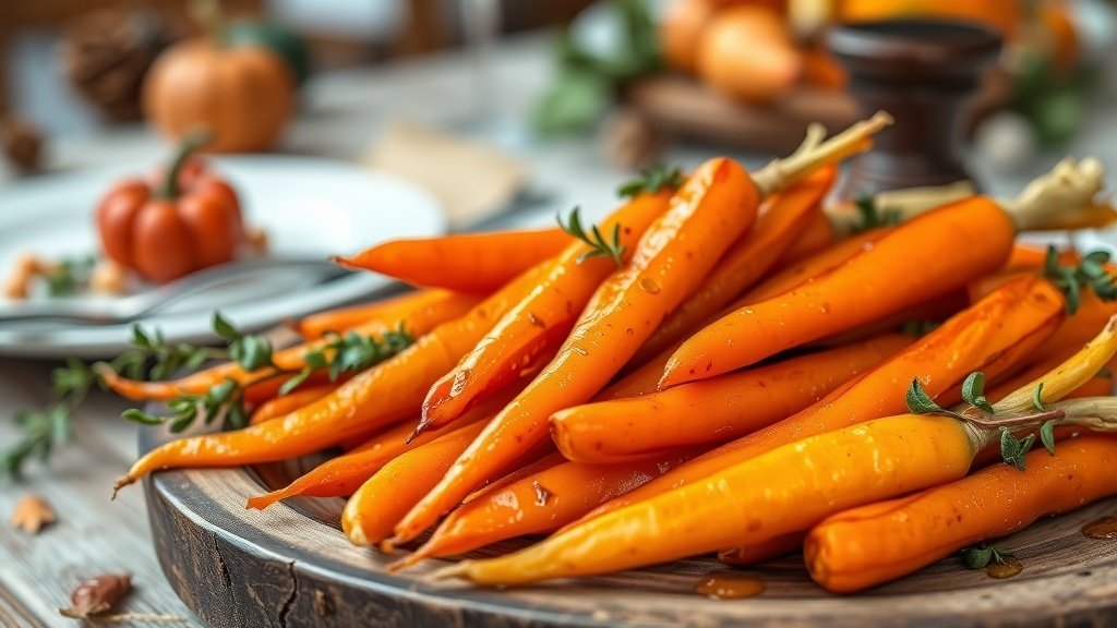 Honey roasted carrots with thyme on a wooden platter, garnished with thyme leaves.