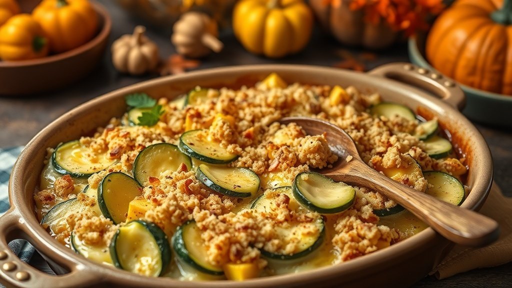 A cheesy zucchini and squash casserole topped with breadcrumbs, served in a rustic dish, perfect for Thanksgiving.