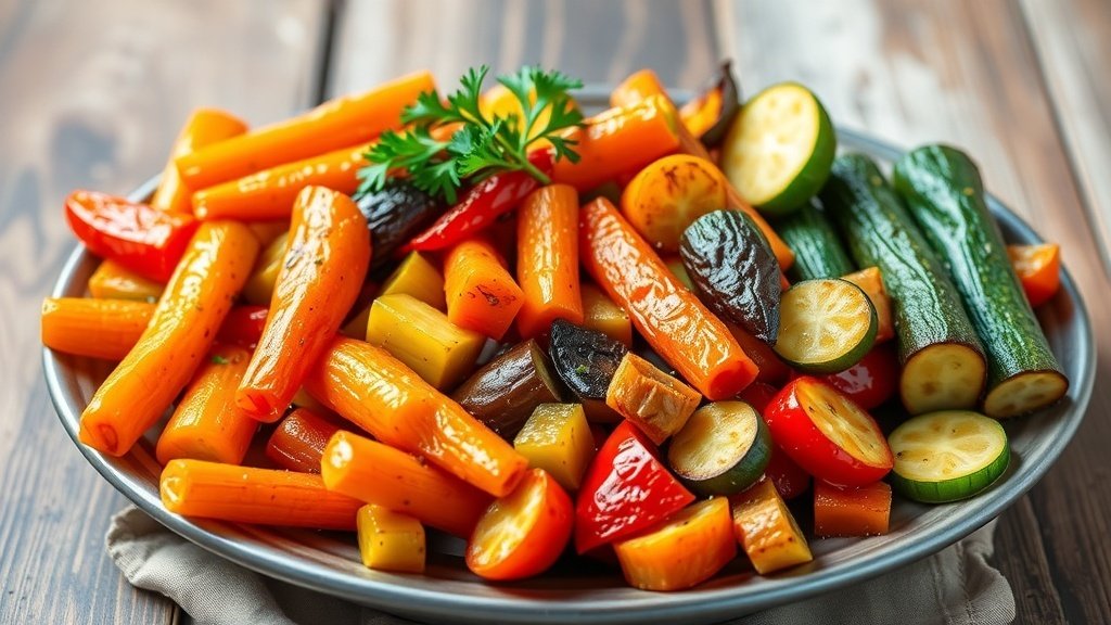 A colorful roasted vegetable medley with carrots, bell peppers, zucchini, and herbs on a rustic table.
