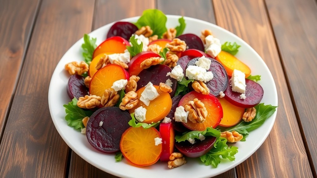 A vibrant beet and walnut salad with mixed greens and feta cheese on a rustic wooden table.