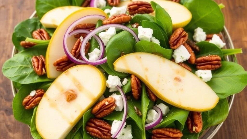 A fresh spinach salad with pears, pecans, feta cheese, and red onion, drizzled with balsamic vinaigrette on a wooden table.