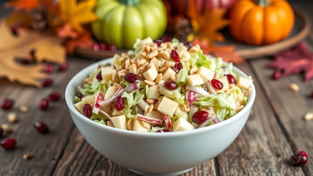 A colorful Apple and Cranberry Coleslaw in a bowl, featuring cabbage, apples, and cranberries, garnished with nuts, set against a Thanksgiving backdrop.