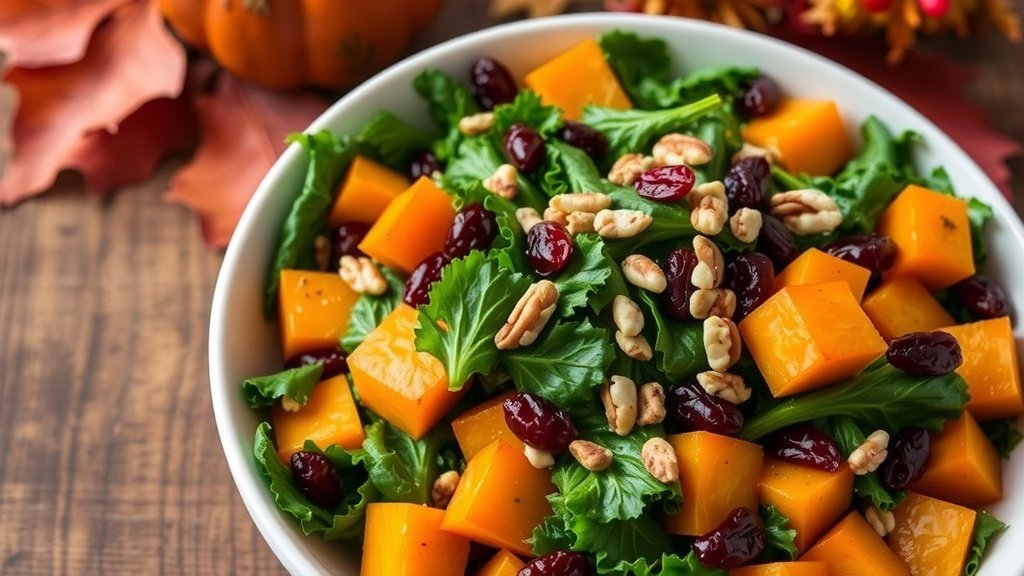 A vibrant butternut squash and kale salad with nuts and cranberries on a rustic table.