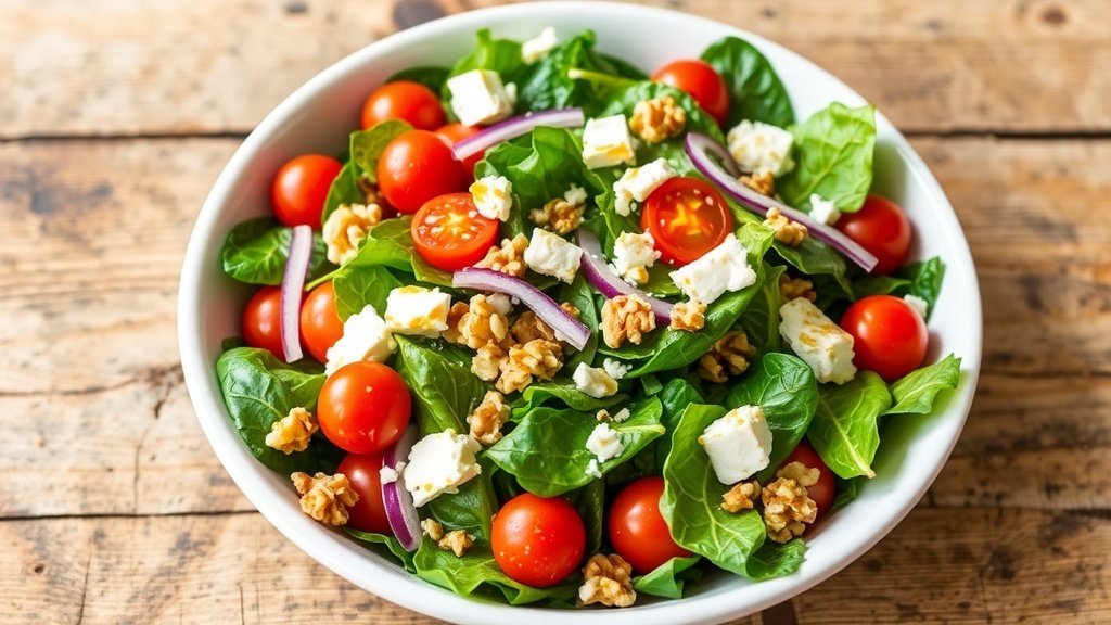 A fresh mixed greens salad with cherry tomatoes, red onion, walnuts, and feta cheese, dressed with maple Dijon dressing.