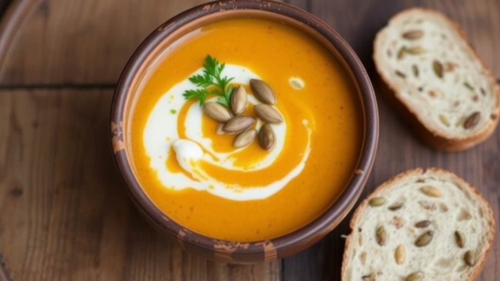 A bowl of creamy roasted pumpkin soup with pumpkin seeds and herbs, served with bread on a wooden table.