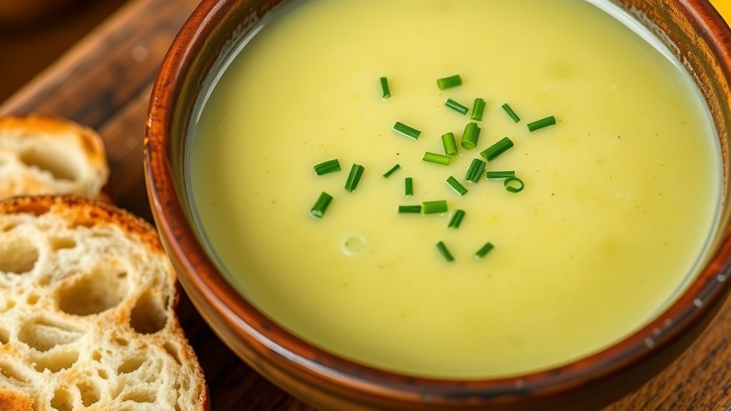 A bowl of creamy potato leek soup garnished with chives, accompanied by a slice of crusty bread on a wooden table.