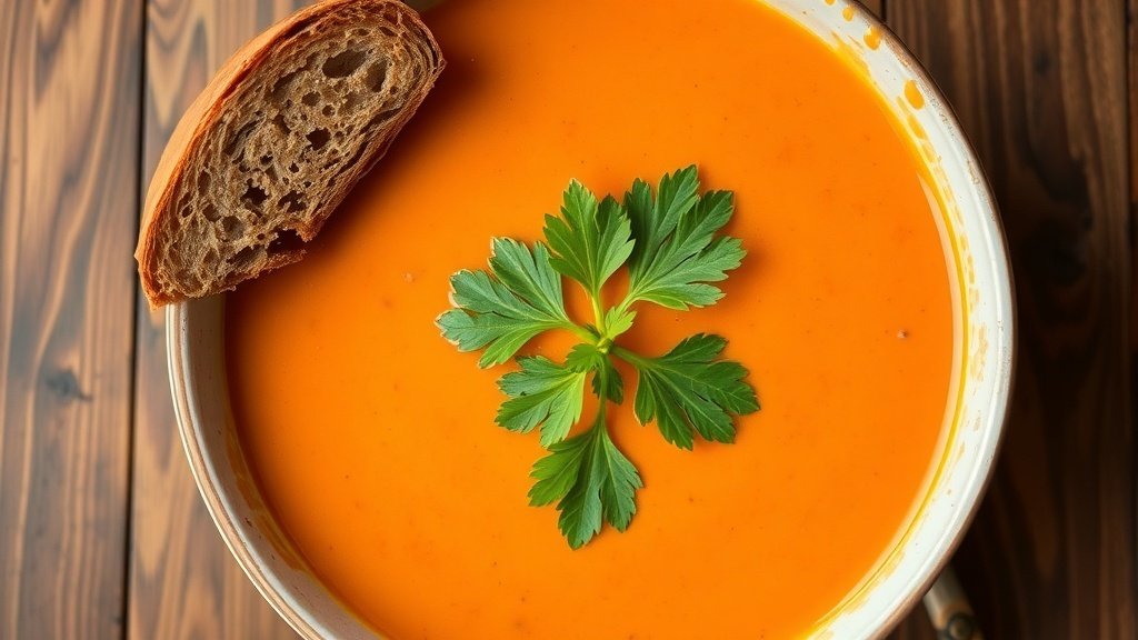 A bowl of curried carrot soup garnished with cilantro, served with bread on a rustic table.