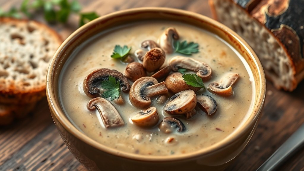 A bowl of creamy wild mushroom soup garnished with parsley, served with rustic bread on a wooden table.
