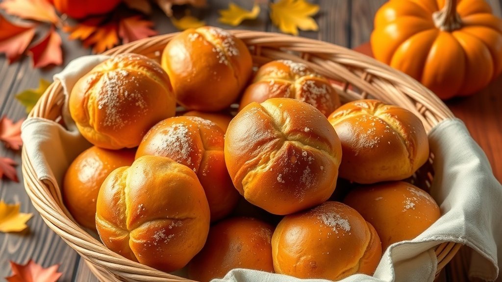 A basket of freshly baked pumpkin brioche rolls on a rustic table with autumn decorations.