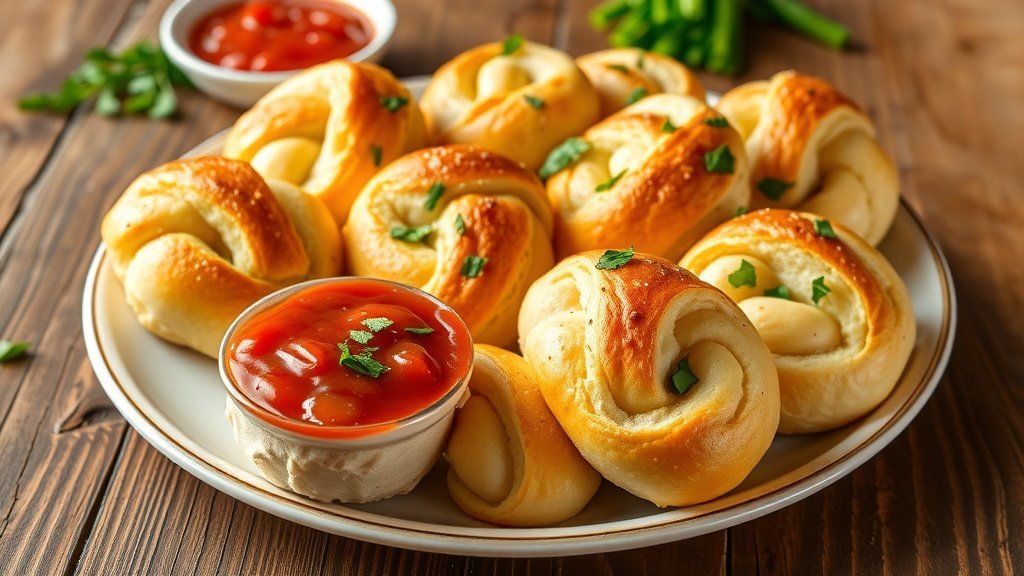 A plate of garlic knots brushed with herb butter, garnished with parsley, served with marinara sauce.