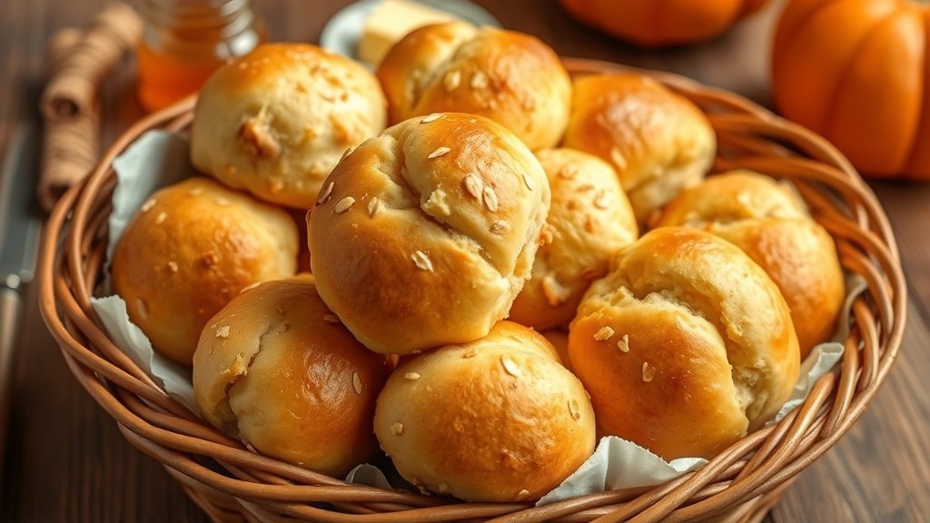 A basket of golden honey oat dinner rolls, some broken open, with honey and butter on a rustic table.