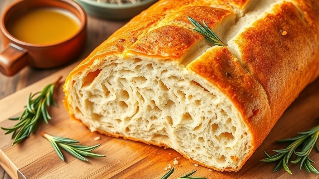 A golden loaf of rosemary olive oil bread sliced on a wooden board with fresh rosemary and olive oil.