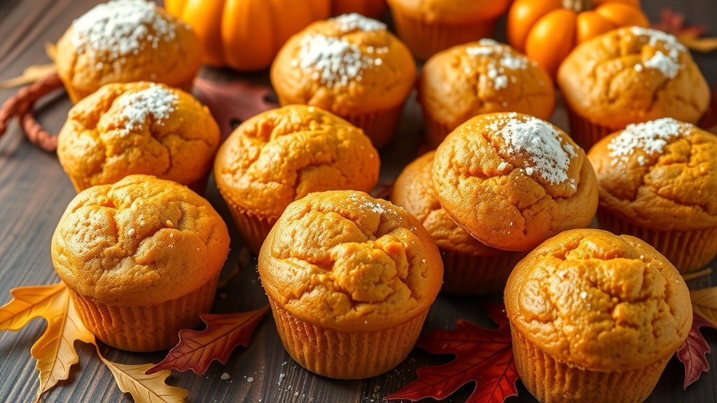 Freshly baked pumpkin cornbread muffins on a wooden table, decorated with autumn leaves and small pumpkins.