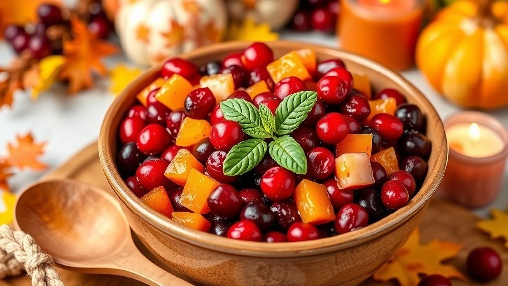 A bowl of cranberry orange relish with cranberries and orange pieces, garnished with mint, on a festive Thanksgiving table.