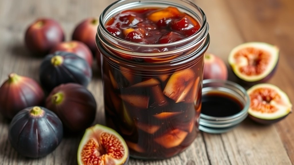 A jar of Fig and Balsamic Chutney with fresh figs and balsamic vinegar on a wooden table.