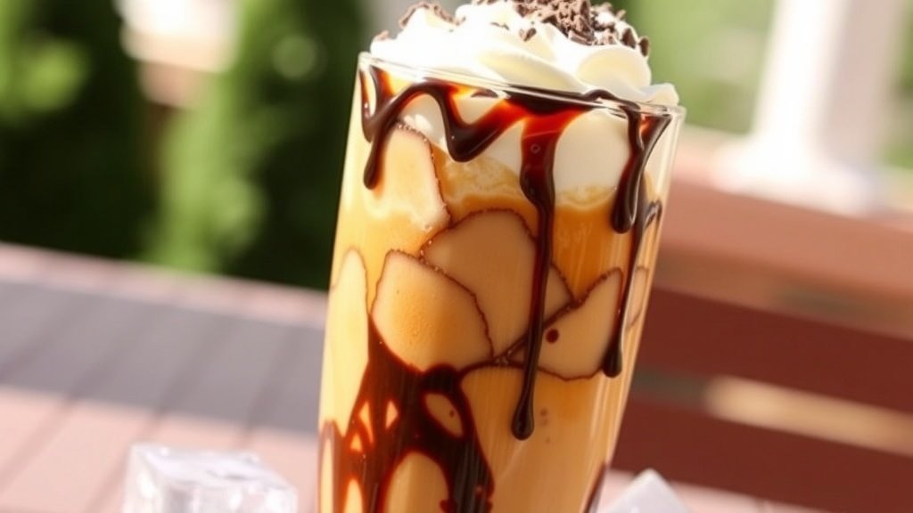 A refreshing glass of mocha fudge iced coffee topped with whipped cream and chocolate drizzle, served with ice.