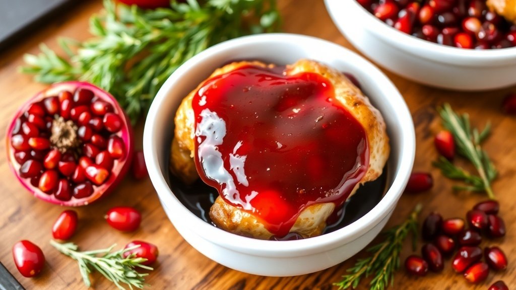 A bowl of pomegranate molasses glaze drizzled over roasted chicken, with fresh pomegranates nearby.