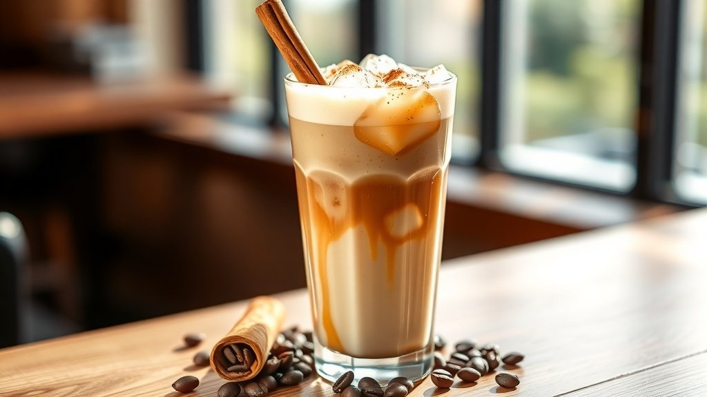 A glass of iced coffee latte with cinnamon and honey, garnished with a cinnamon stick, on a wooden table.