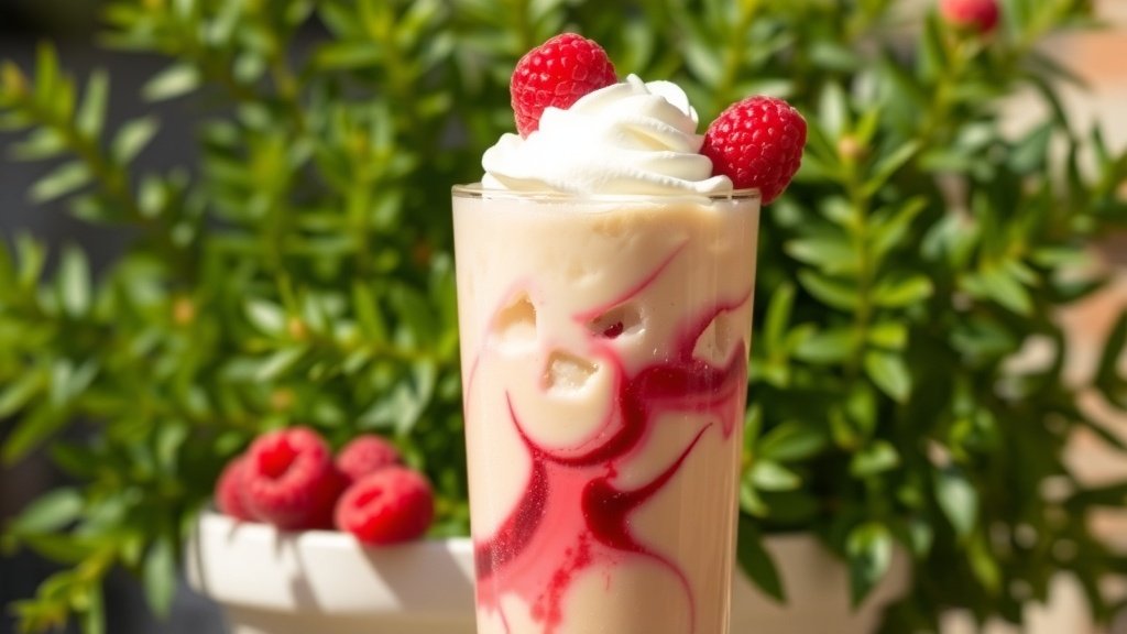 A glass of White Mocha Raspberry Iced Coffee with ice, whipped cream, and raspberries, set in a bright outdoor setting.