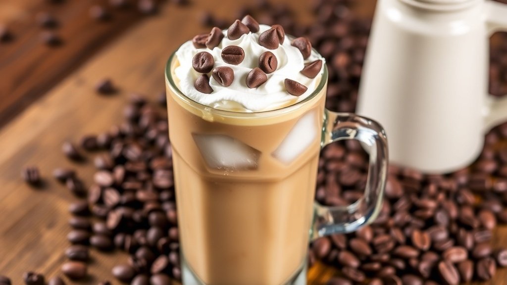 A glass of iced coffee with almond milk, chocolate chips, and whipped cream, garnished with chocolate chips.