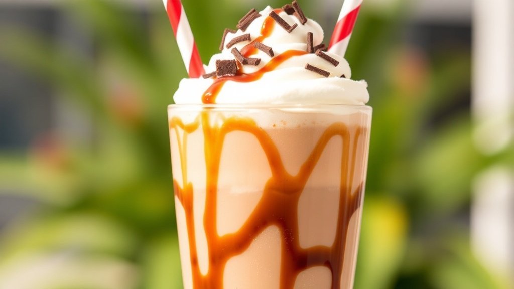 A delicious iced coffee frappe with chocolate and caramel, topped with whipped cream and chocolate shavings.