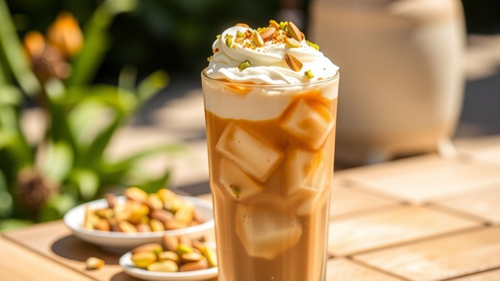 A glass of almond pistachio iced coffee topped with whipped cream and crushed pistachios, served outdoors.