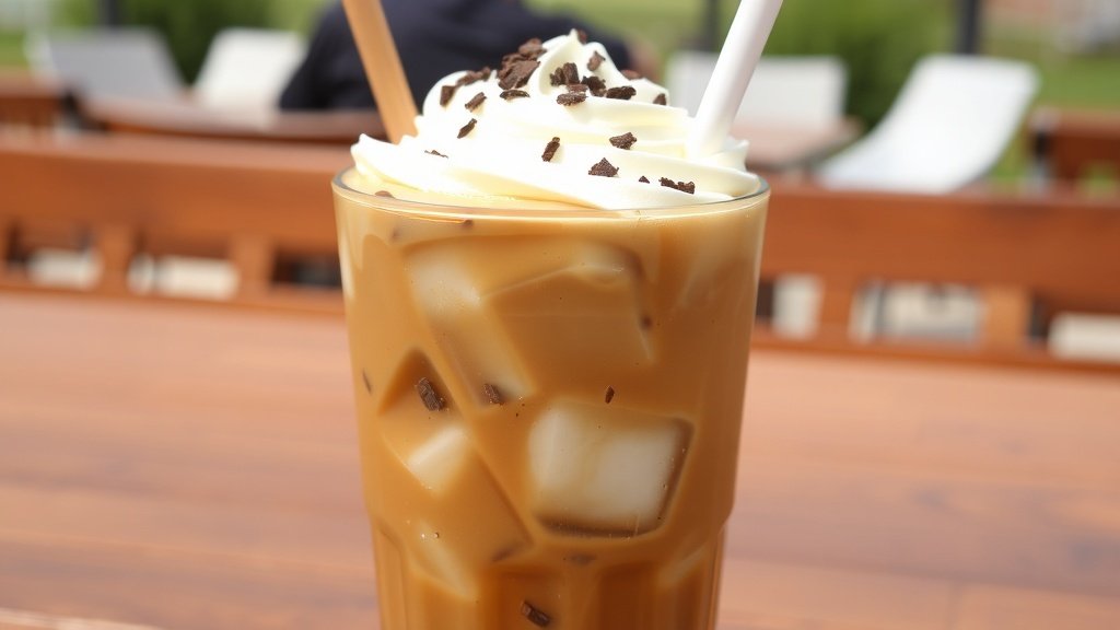A glass of dulce de leche iced coffee with whipped cream and chocolate shavings, served on a sunny outdoor table.